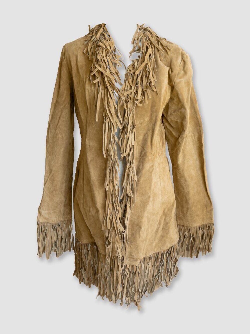 Vintage Leather Fringe Jacket Camel Brown Suede Western Cowgirl Boho Hippie Coat